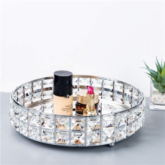 Anti-Scratch Glass Mirror Surface Crystal Vanity Makeup Tray Ornate Jewelry Tray